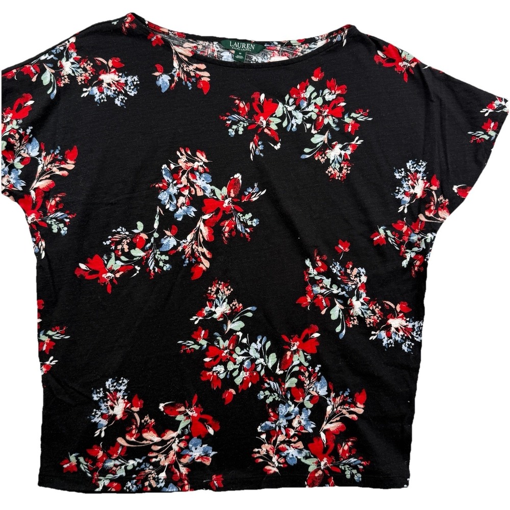 Lauren Ralph Lauren Floral Slub Knit Boat Neck Tee Black Red Blue Size M